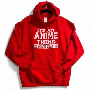Gildan Mens Large Red Anime Thing Graphic Hoodie Sweatshirt L Pullover